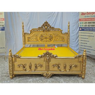 Luxury Gold Finish Teak Wood King Size Bed