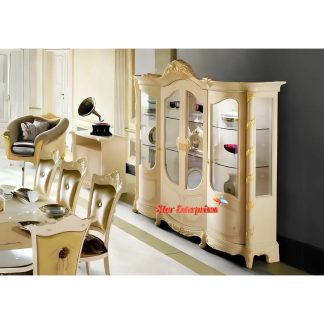 Luxury Italian Design Solid Teak Wood Carving Vitrine