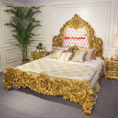 Star Enterprises Heavy Hand Carving Gold Finish Queen Size Bed BD-099 - Image 3