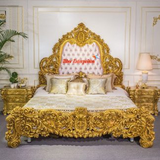 Heavy Hand Carving Gold Finish Queen Size Bed