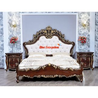 Teak Wood Floral Hand Carving King Size Bed