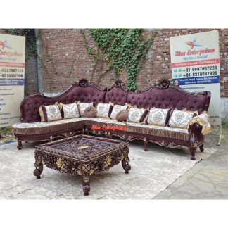 Teak Wood Hand Carving Luxury L-Shape Sofa Set