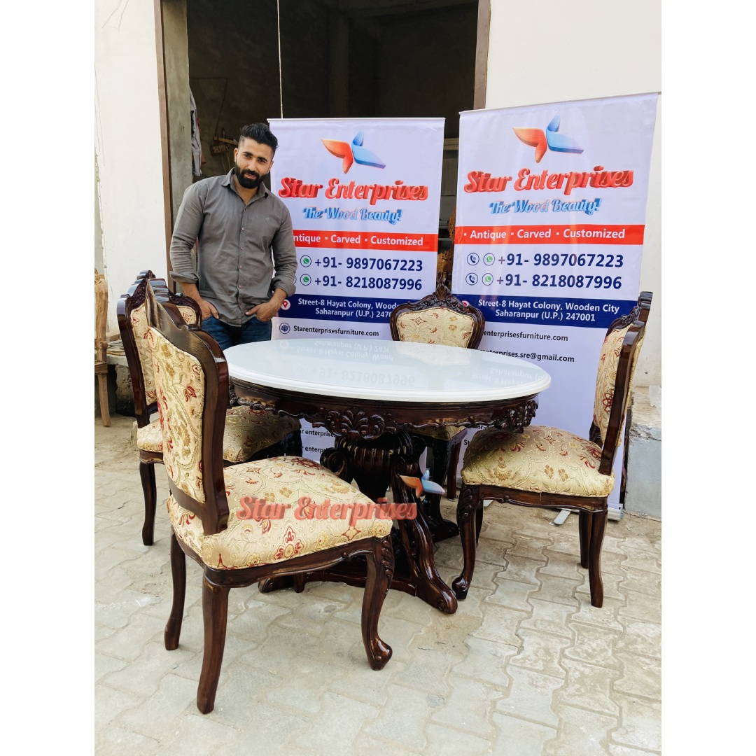 Star Enterprises Antique Wooden Round Dining Table Set DNG-039 - Image 4