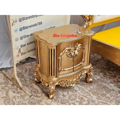 Shiny Gold Teak Wood Bed Side Table