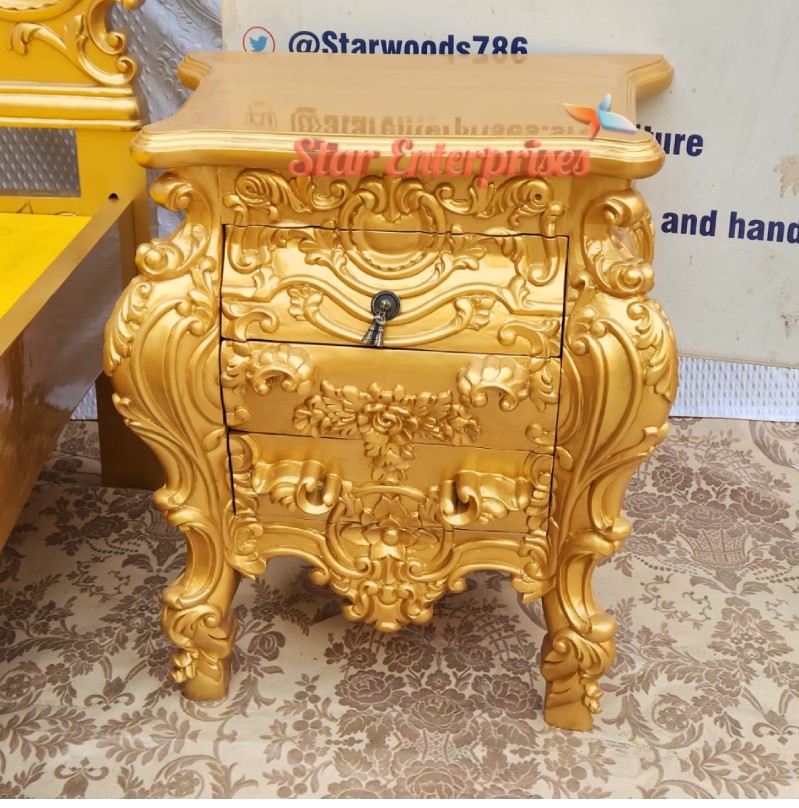 Teak-Wood-Floral-Hand-Carved-Bed-Side-Table