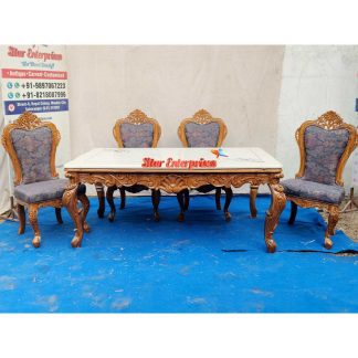 Teak Wood Hand Carved Marble Top Dining Table Set