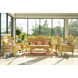 Teak Wood Shiny Gold Royal Sofa Set