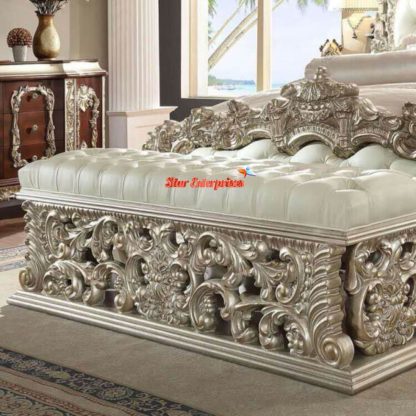 Wooden Antique Silver Hand Carved Bed Bench