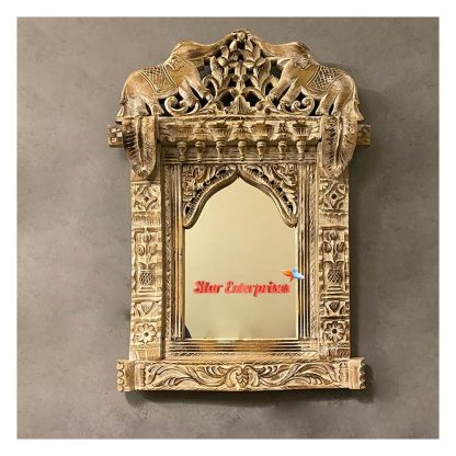 Wooden Hand Carved Elephant Jharokha Mirror Frame