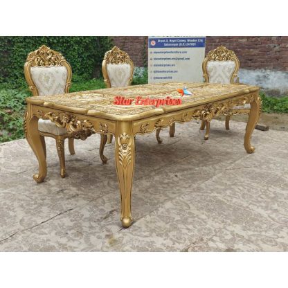 Star Enterprises Wooden Luxury Hand Carved Antique Gold Dining Table Set DNG-054 - Image 3