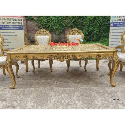 Star Enterprises Wooden Luxury Hand Carved Antique Gold Dining Table Set DNG-054 - Image 4