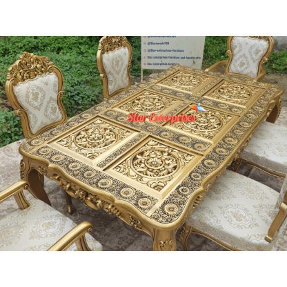 Star Enterprises Wooden Luxury Hand Carved Antique Gold Dining Table Set DNG-054 - Image 6