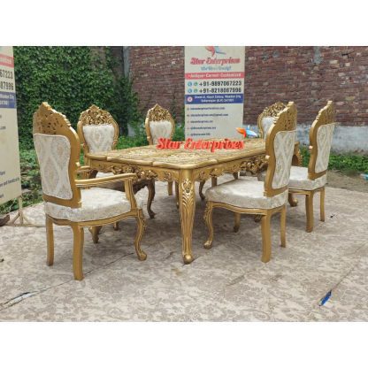 Star Enterprises Wooden Luxury Hand Carved Antique Gold Dining Table Set DNG-054 - Image 7