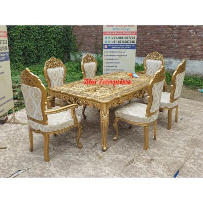 Star Enterprises Wooden Luxury Hand Carved Antique Gold Dining Table Set DNG-054 - Image 9