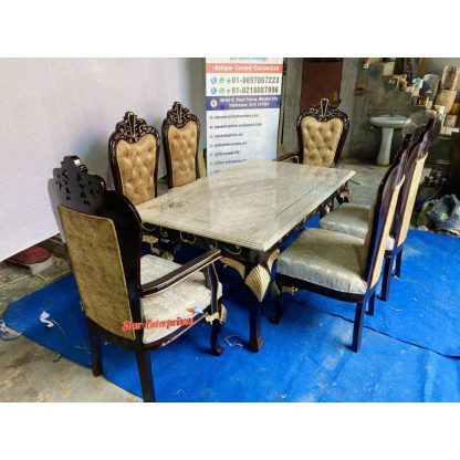 Star Enterprises Wooden Stone Top Hand Carved Dining Table Set DNG-053 - Image 2