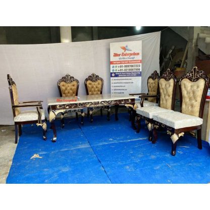 Star Enterprises Wooden Stone Top Hand Carved Dining Table Set DNG-053 - Image 4