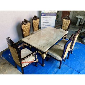 Wooden Stone Top Hand Carved Dining Table Set