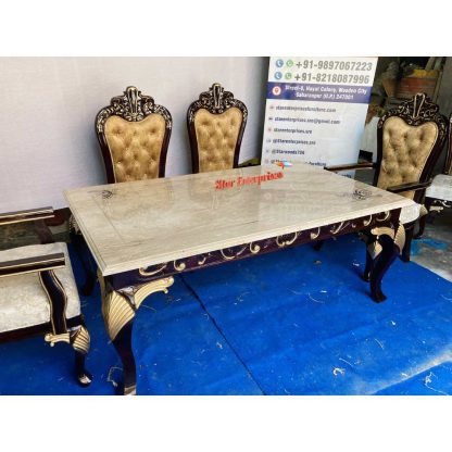 Star Enterprises Wooden Stone Top Hand Carved Dining Table Set DNG-053 - Image 5