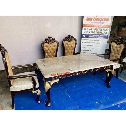 Star Enterprises Wooden Stone Top Hand Carved Dining Table Set DNG-053 - Image 6