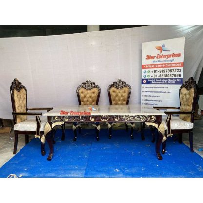 Star Enterprises Wooden Stone Top Hand Carved Dining Table Set DNG-053 - Image 7
