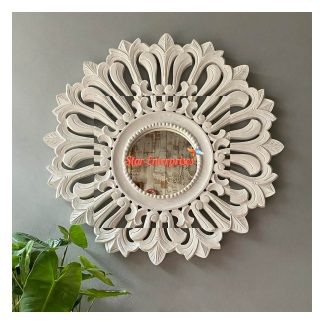 Wooden White Floral Round Mirror Frame