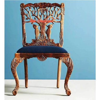 Hand Carved Solid Wood Antique Woodpecker Design Dining Armchair