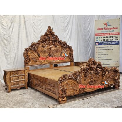 Star Enterprises Teak Wood 3D Carved Classic Double Bed BD-0126 - Image 4