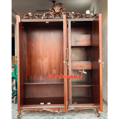 Star Enterprises High Quality Teak Wood Antique 3D Carved Wardrobe Design ALM-048 - Image 3