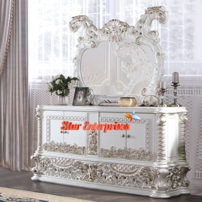 Star Enterprises Wooden Pearl White Finish Maharaja Bedroom Set BD-0147 - Image 2