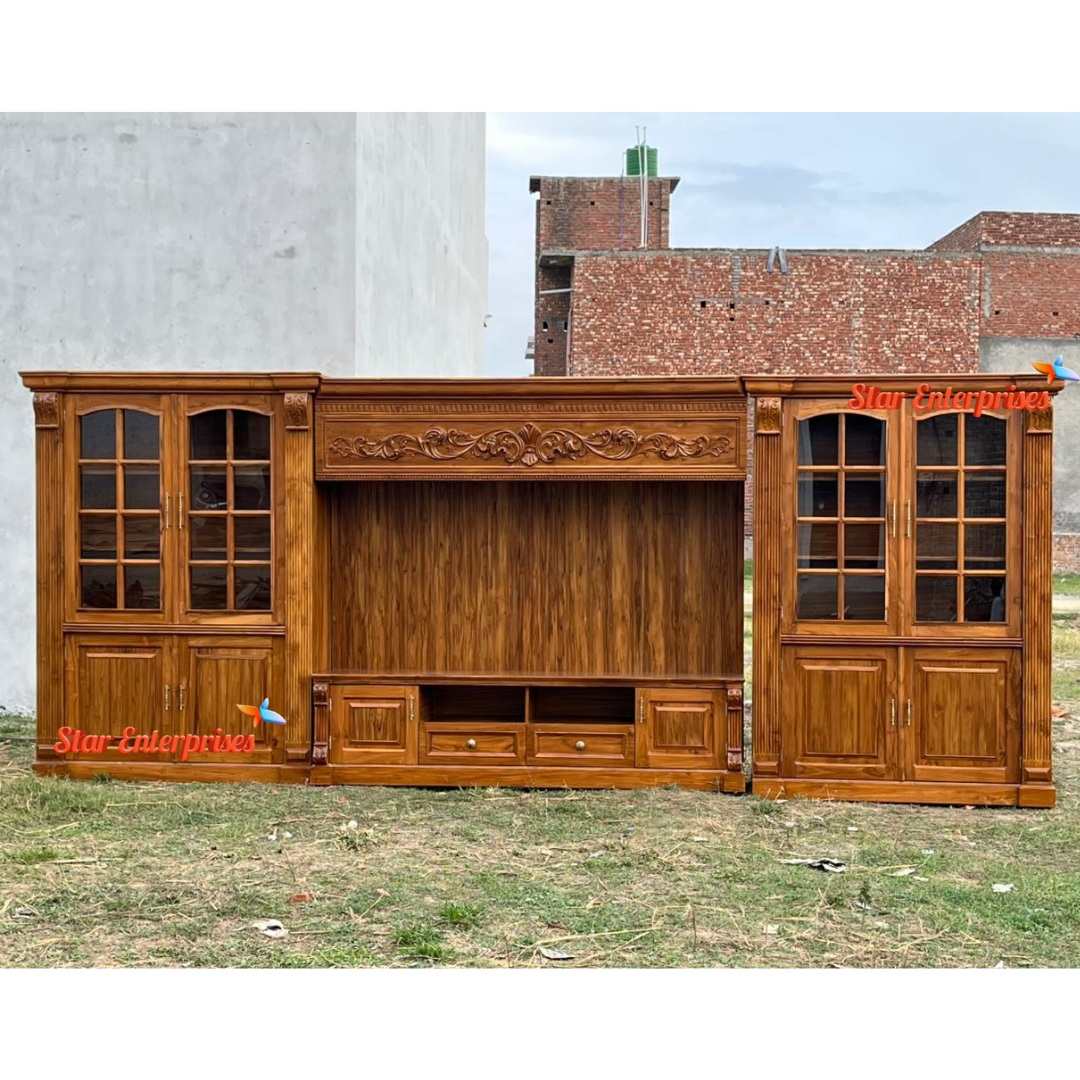 Star Enterprises Premium Teak Wood Grand TV Cabinet with Bookcase Storage Unit TVCB-057