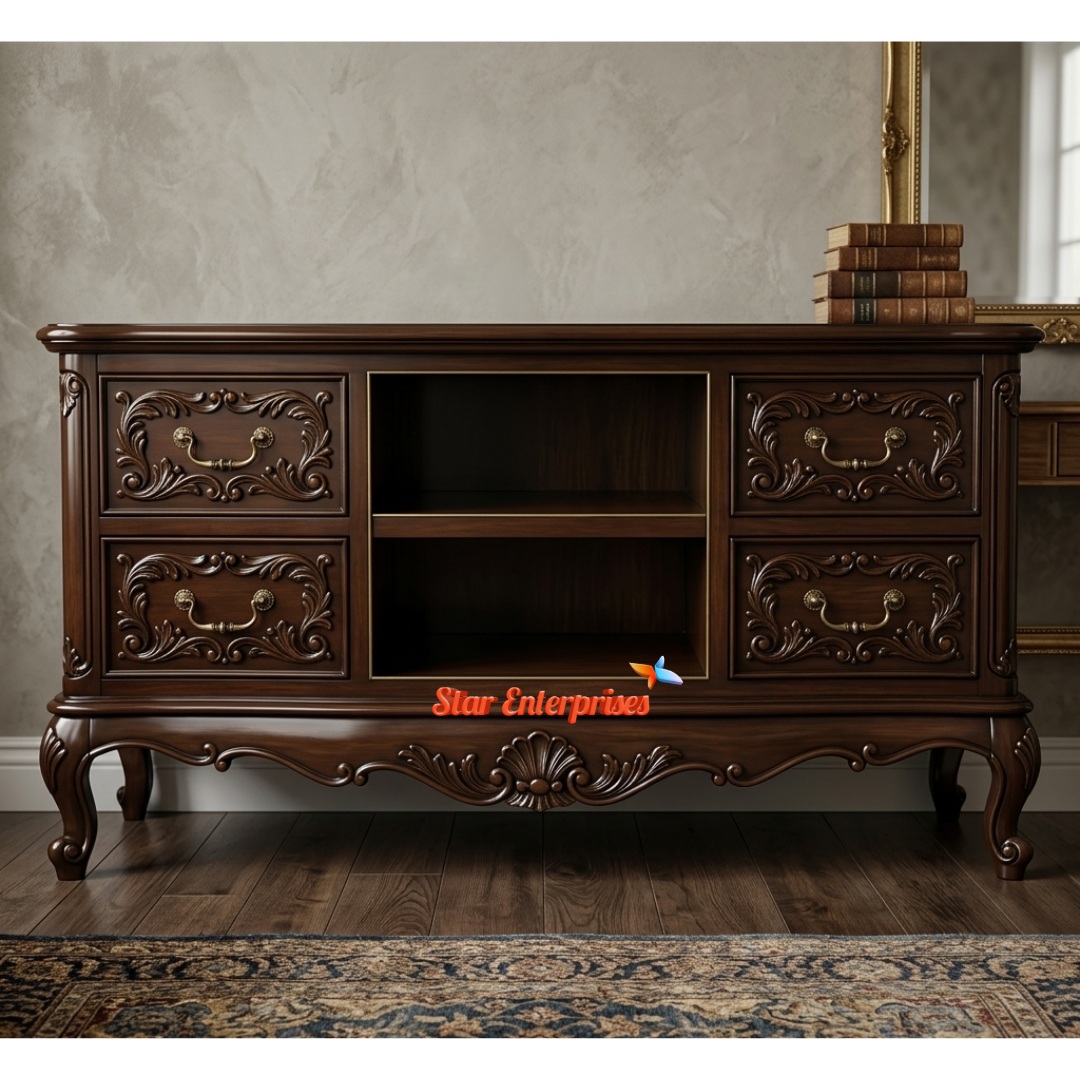 Star Enterprises Teak Wood Antique Carved TV Unit TVCB-059 - Image 3