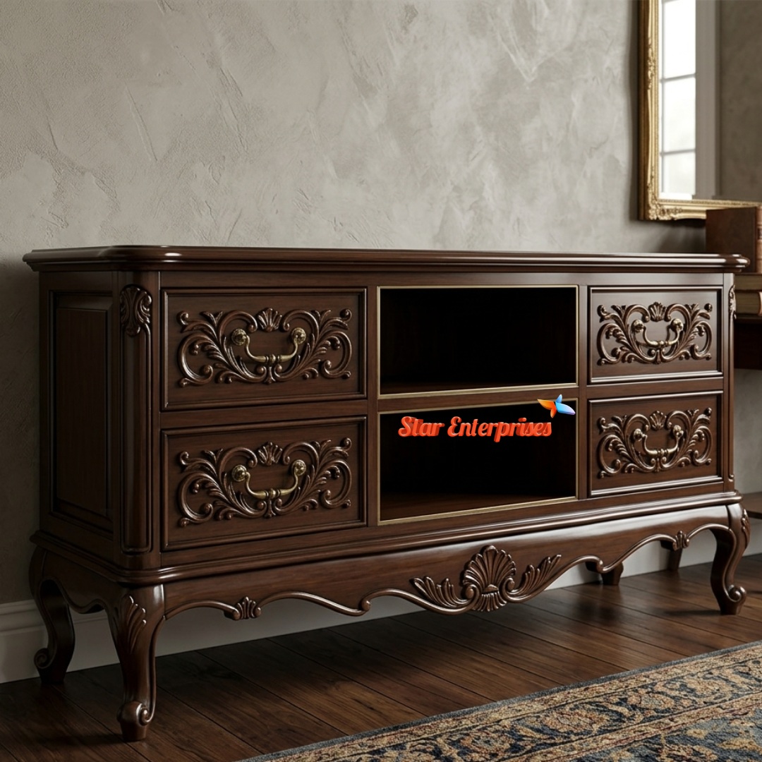 Star Enterprises Teak Wood Antique Carved TV Unit TVCB-059 - Image 2