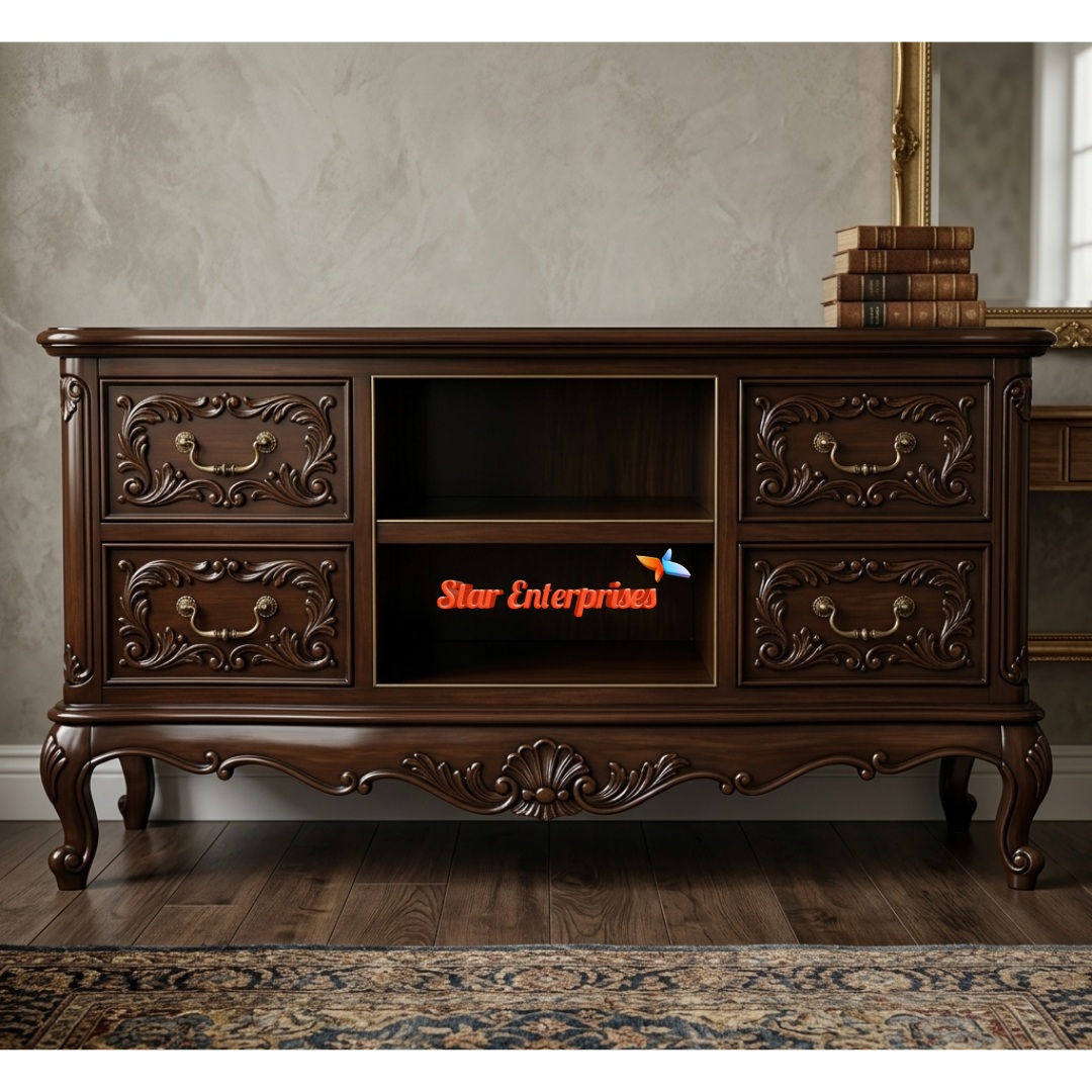 Star Enterprises Teak Wood Antique Carved TV Unit TVCB-059