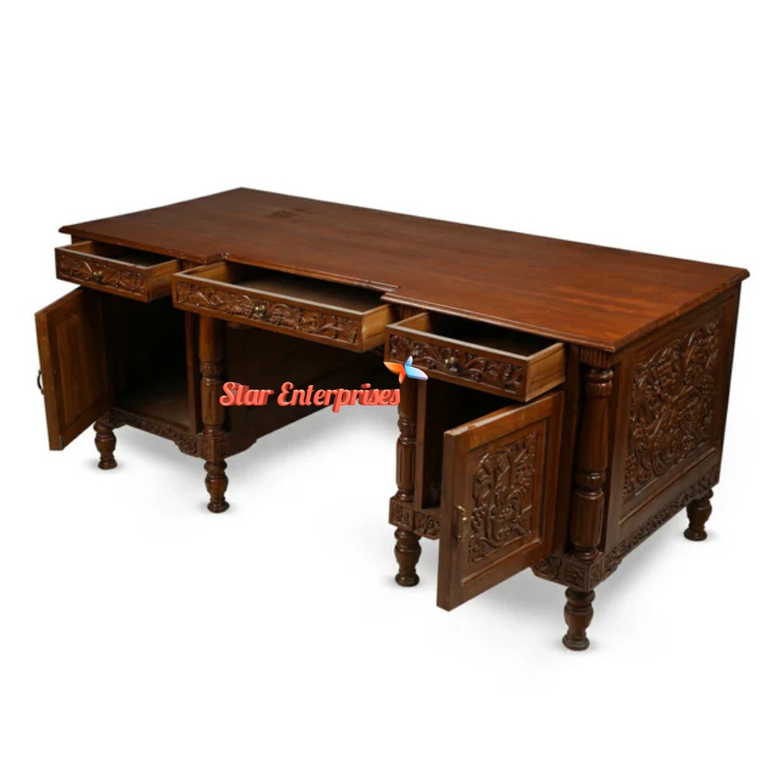 Star Enterprises Wooden Vintage Hand Carved Office Table OFD-034 - Image 2